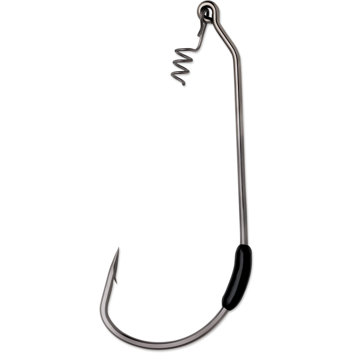 VMC Drop Dead Weighted Hook designed for fishing tackle with a sharp curved point, integrated wire coil for secure lure attachment, and weighted black nickel finish.