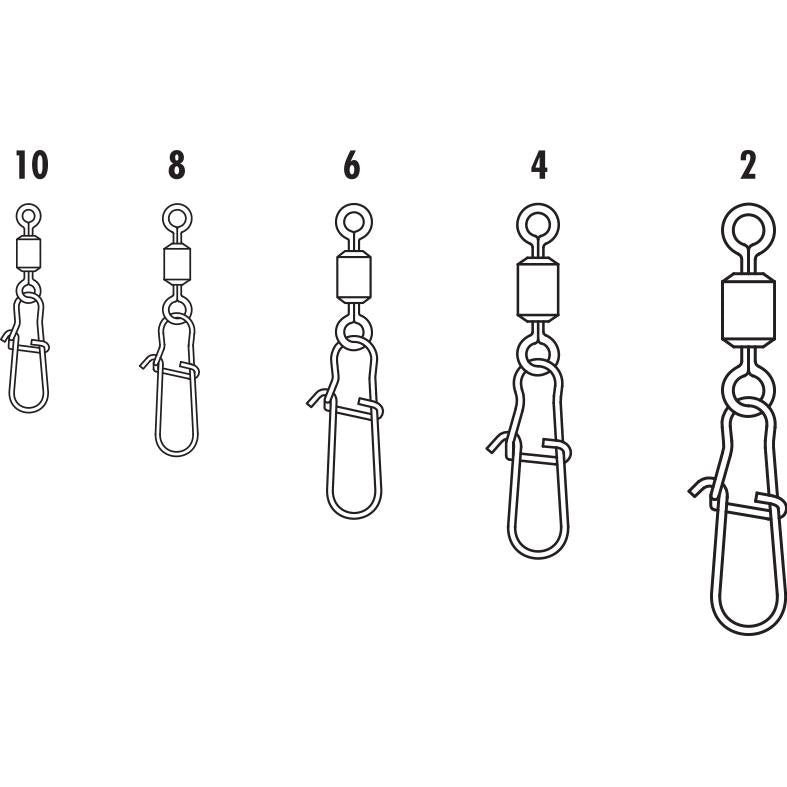 VMC Duolock Snap Swivel set shown in ascending sizes from 10 to 2, featuring metal fishing tackle components with a swivel eye and secure snap closure for versatile fishing rig connections.