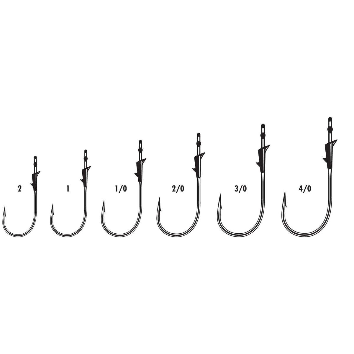 VMC Flippin Hook fishing hooks displayed in six varying sizes, designed with barbed points and sturdy construction for effective fishing tackle use.