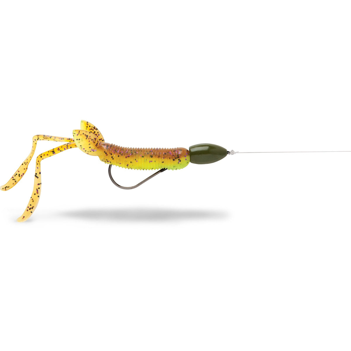 VMC Flippin Hook rigged with a soft plastic frog-style lure in green and yellow with black specks, featuring a sharp, curved hook designed for fishing tackle use.