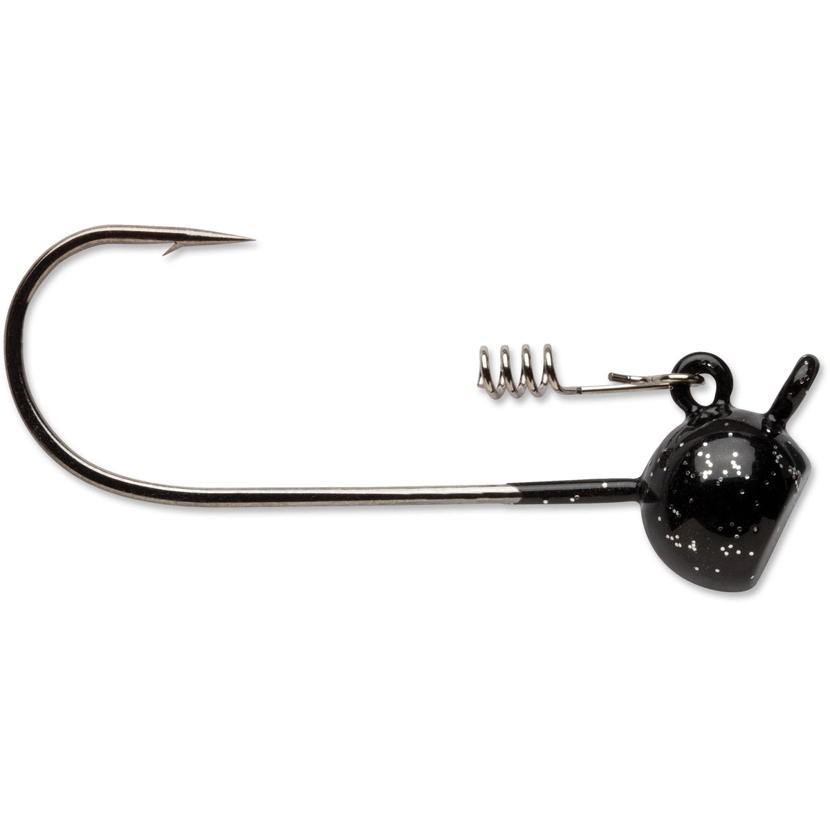 VMC Standup Shakey Head Jig in black with silver flecks, featuring a sharp hook and wire coil for securing soft plastic lures, designed for fishing tackle use.