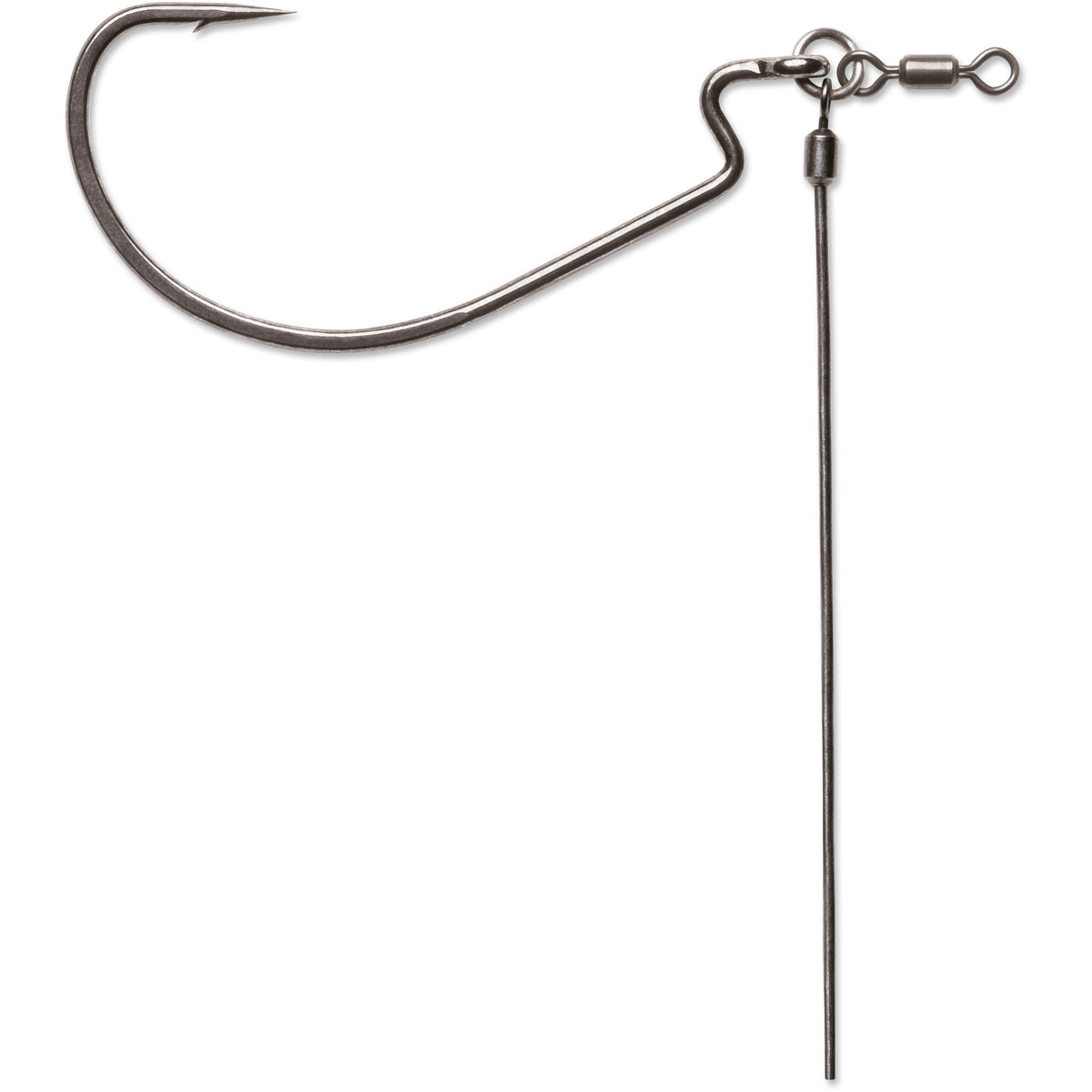 Close-up of a single VMC Tokyo Rig fishing hook with a sharp curved point, metal swivel, and long wire leader designed for musky and ice fishing tackle.