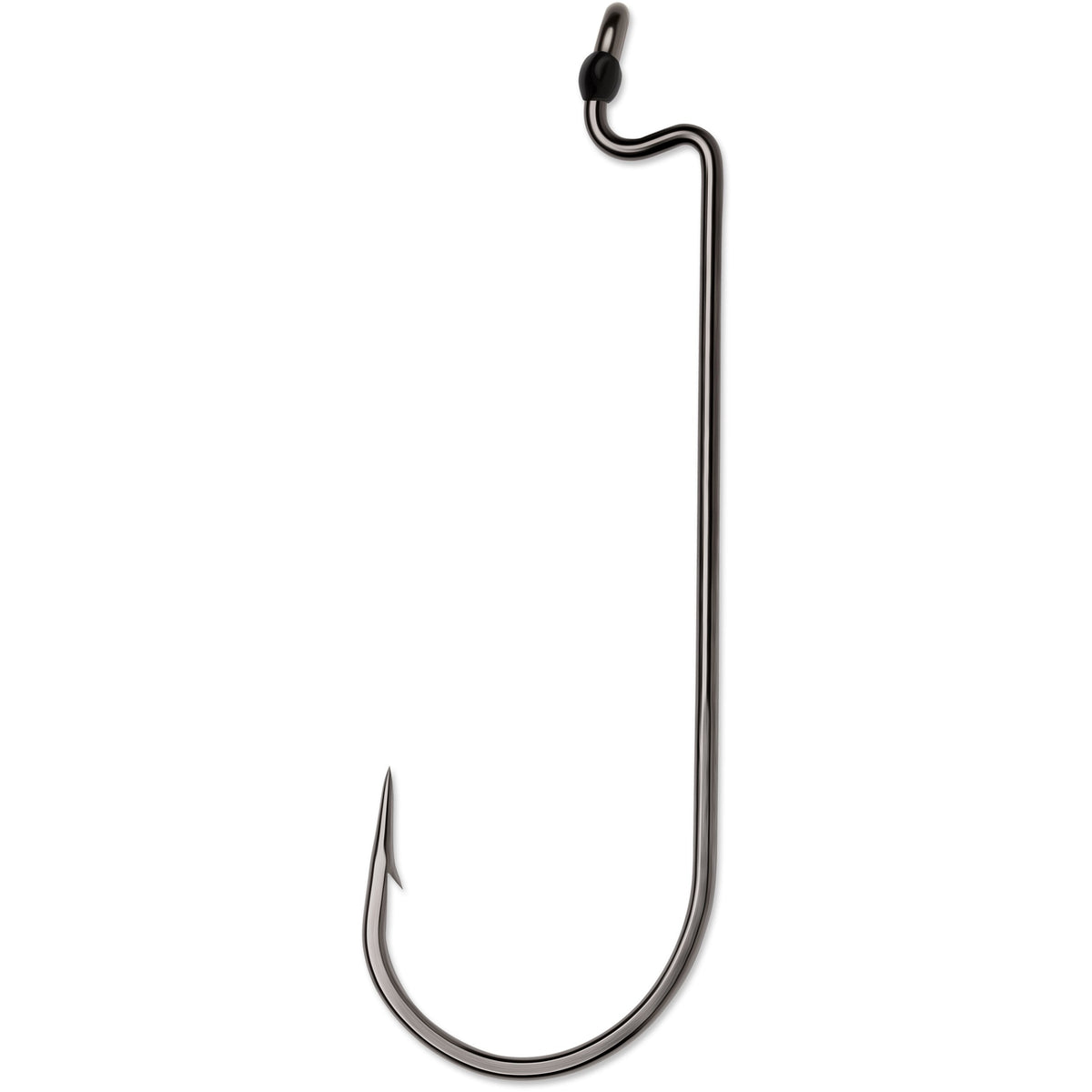 VMC Worm Hook in black nickel finish, featuring a strong, sharp design ideal for fishing tackle and securing soft plastic baits for musky or ice fishing.