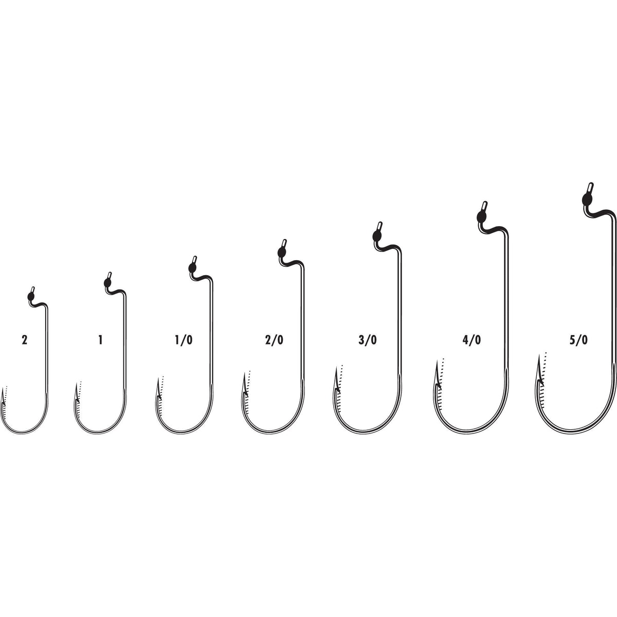 Seven different sizes of VMC Worm Hook fishing hooks displayed in a row on a white background, showing their sharp curved points and sturdy metal construction for fishing tackle use.