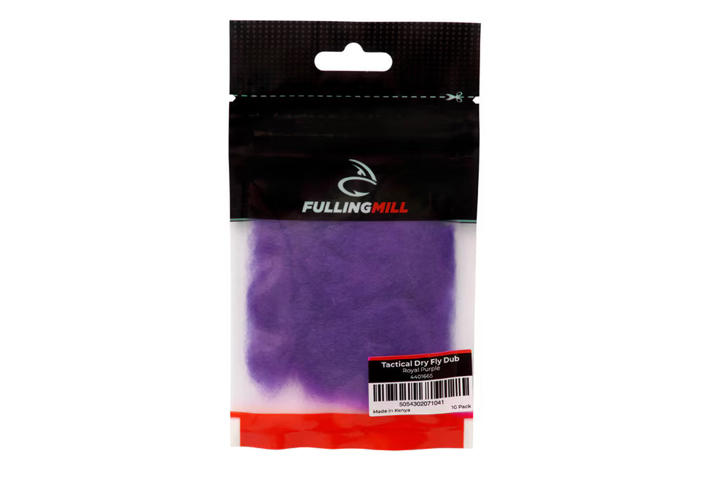 Clear plastic bag containing purple synthetic fiber dubbing labeled FullingMill Tactical Dry Fly Dub, used for fly fishing tackle and lure tying.