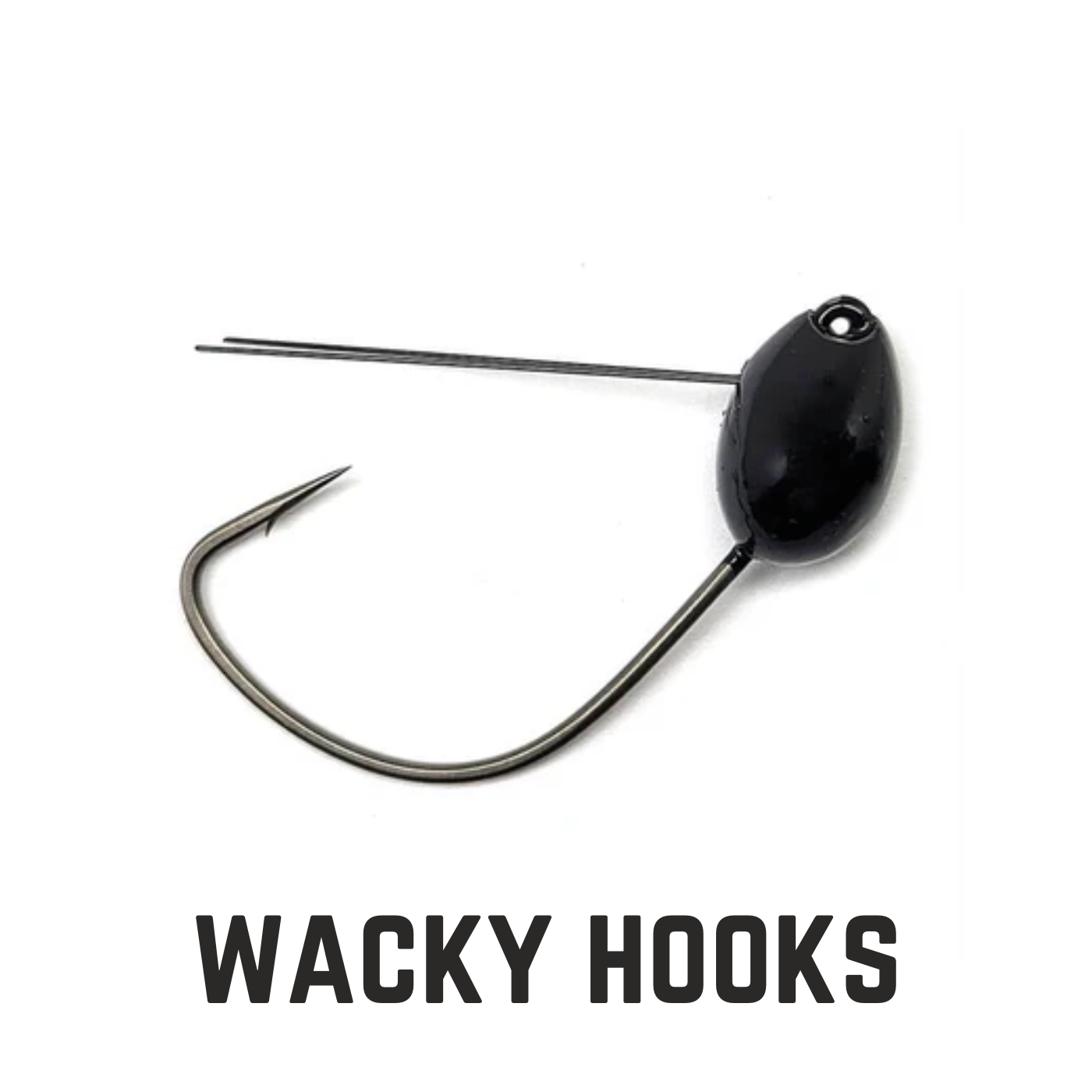 black head jig with weed guard with text overlay wacky hooks