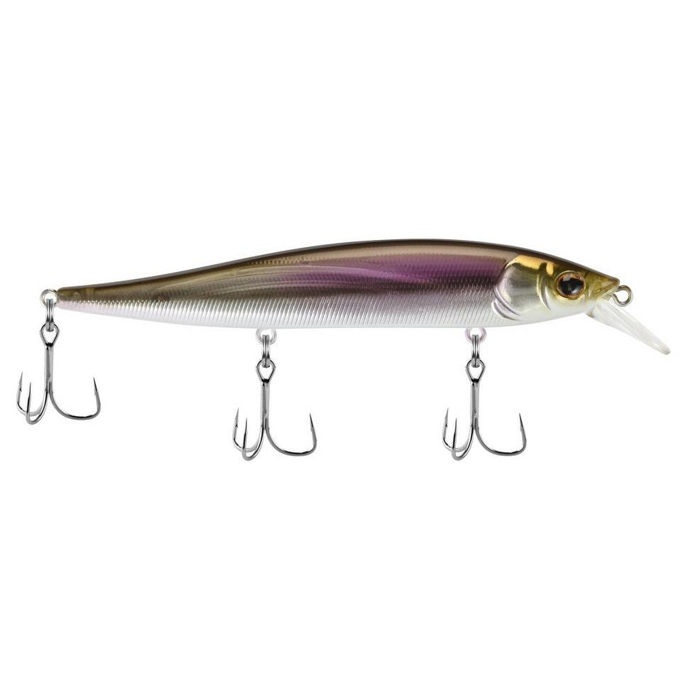 Berkley Stunna 112 Jerkbait fishing lure featuring a slender, minnow-shaped body with a metallic gradient finish in silver, gold, and purple, equipped with three sharp treble hooks.
