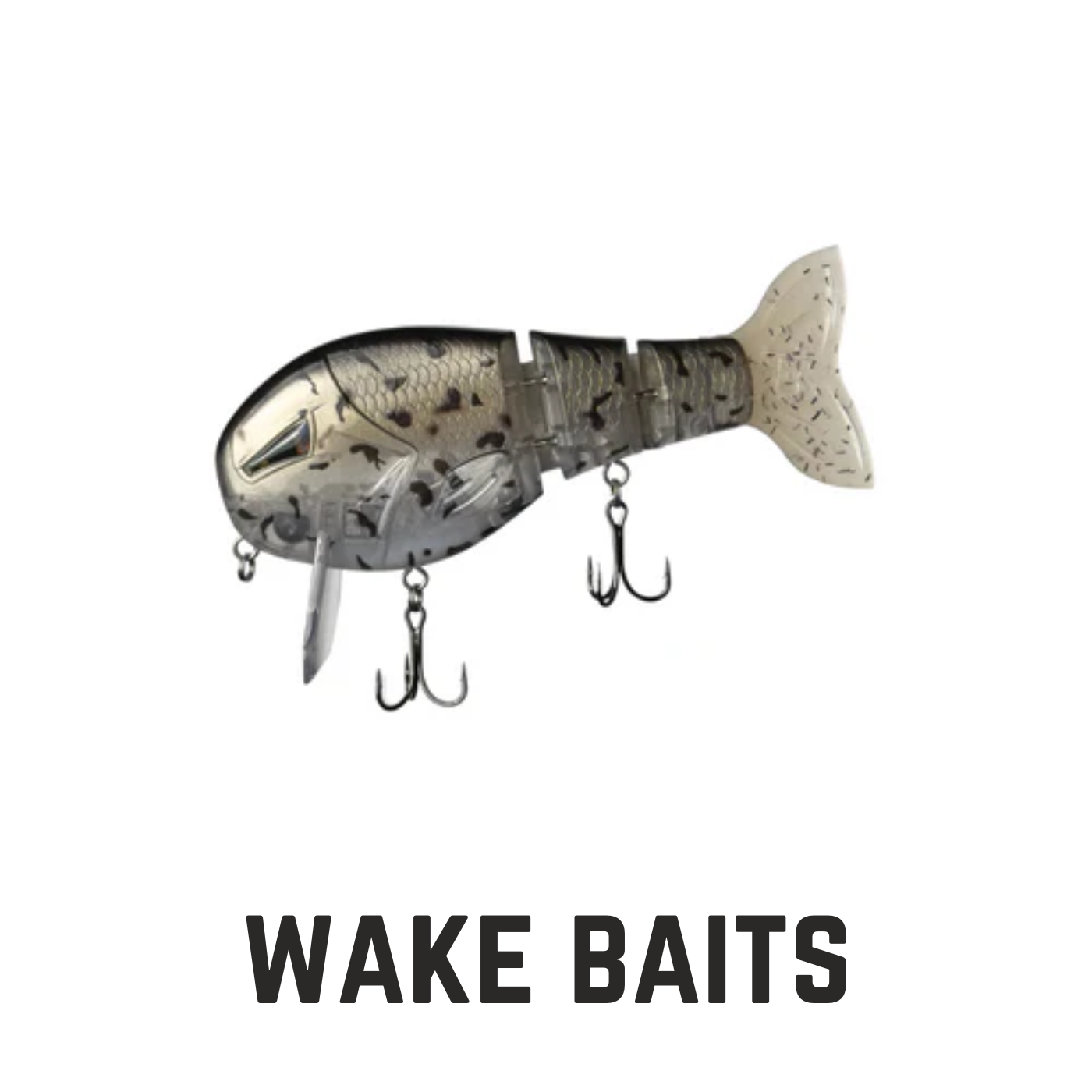 silver crappie bass lure with 2 trebles and a soft tail with text overlay wake baits