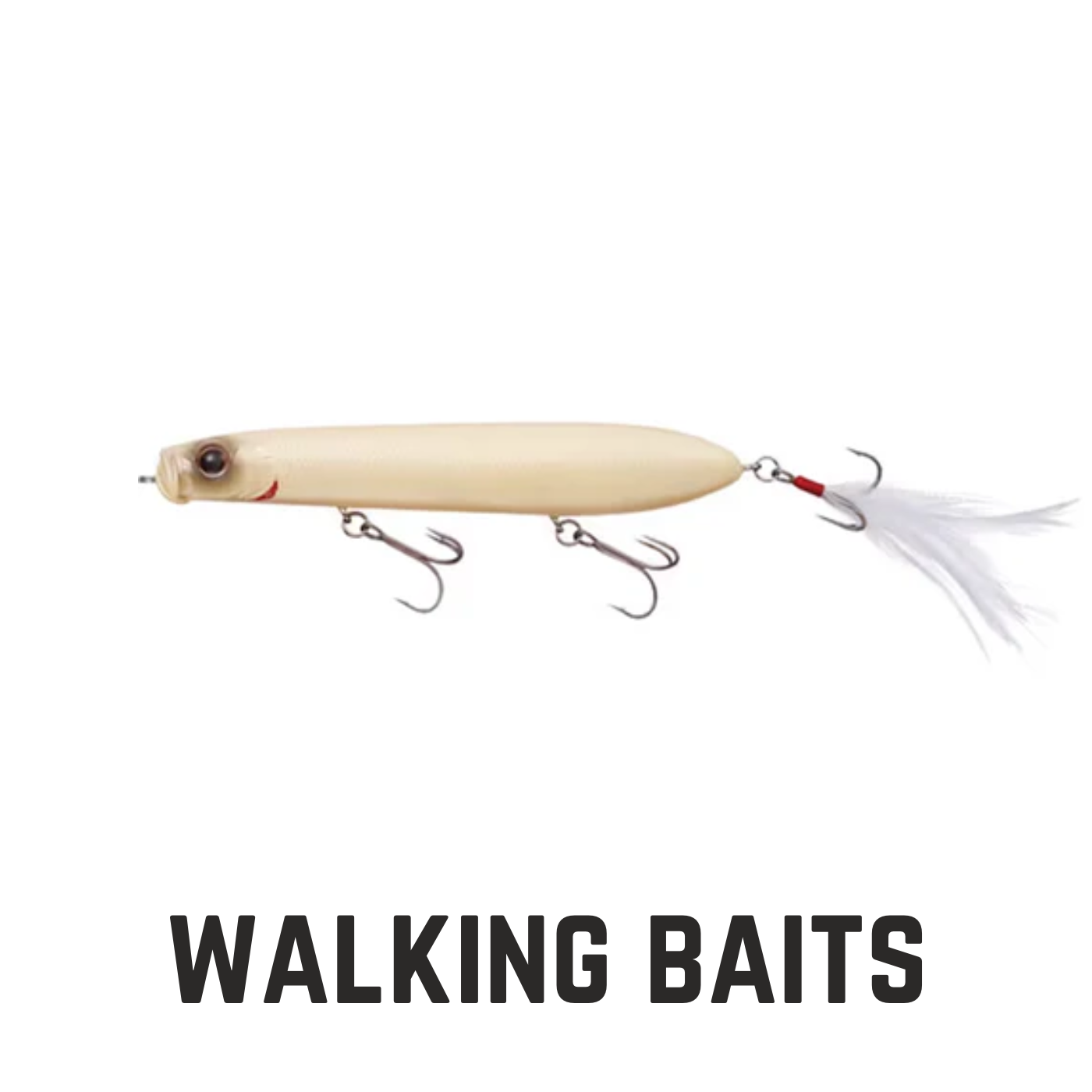 bone colored stick top water bait with 2 treble hooks with text overlay walking baits