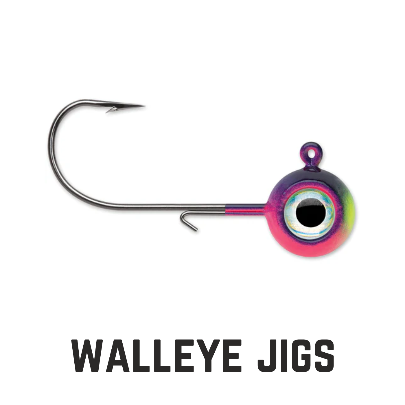 jig with multi colored head with hook and text overlay walleye jigs