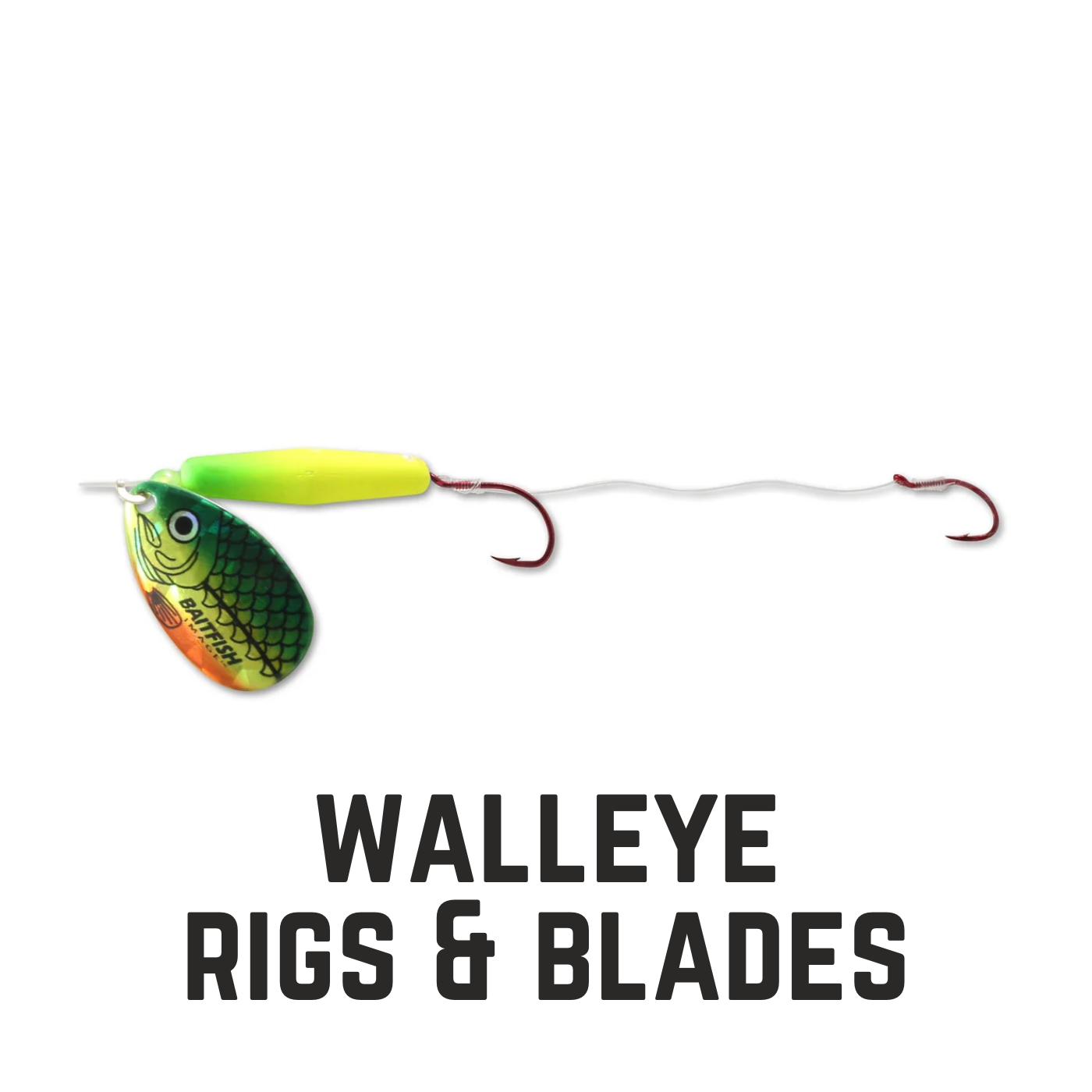 chartreuse walleye rig with 2 red hook and front spinner blade with text overlay walleye rigs & blades