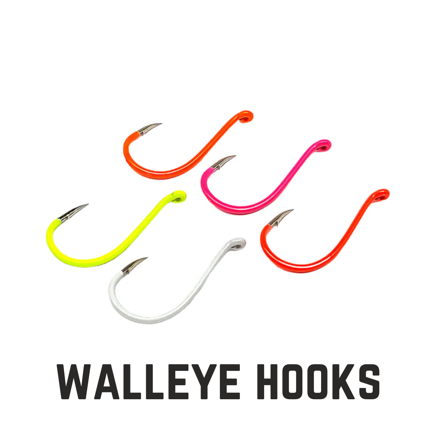 5 colored hooks with text overlay walleye hooks