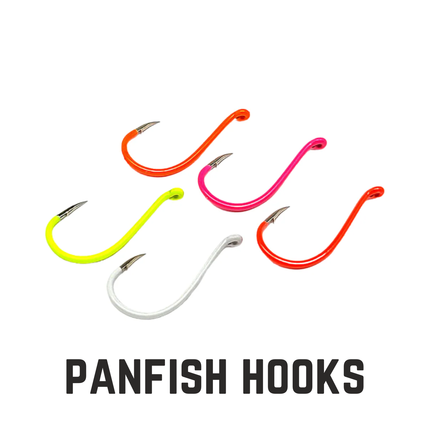 5 multicolored hooks with text overlay panfish hools
