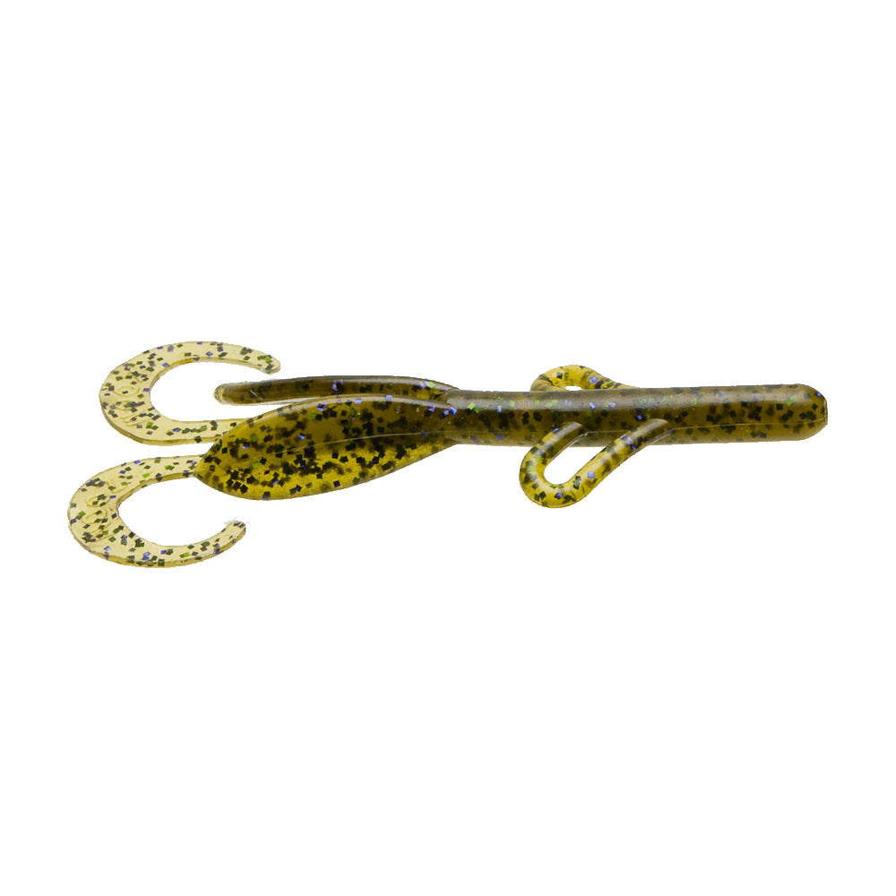 Zoom Baby Brush Hog soft plastic fishing lure in green with black speckles, featuring curved twin tails and appendages for lifelike movement in fishing tackle.