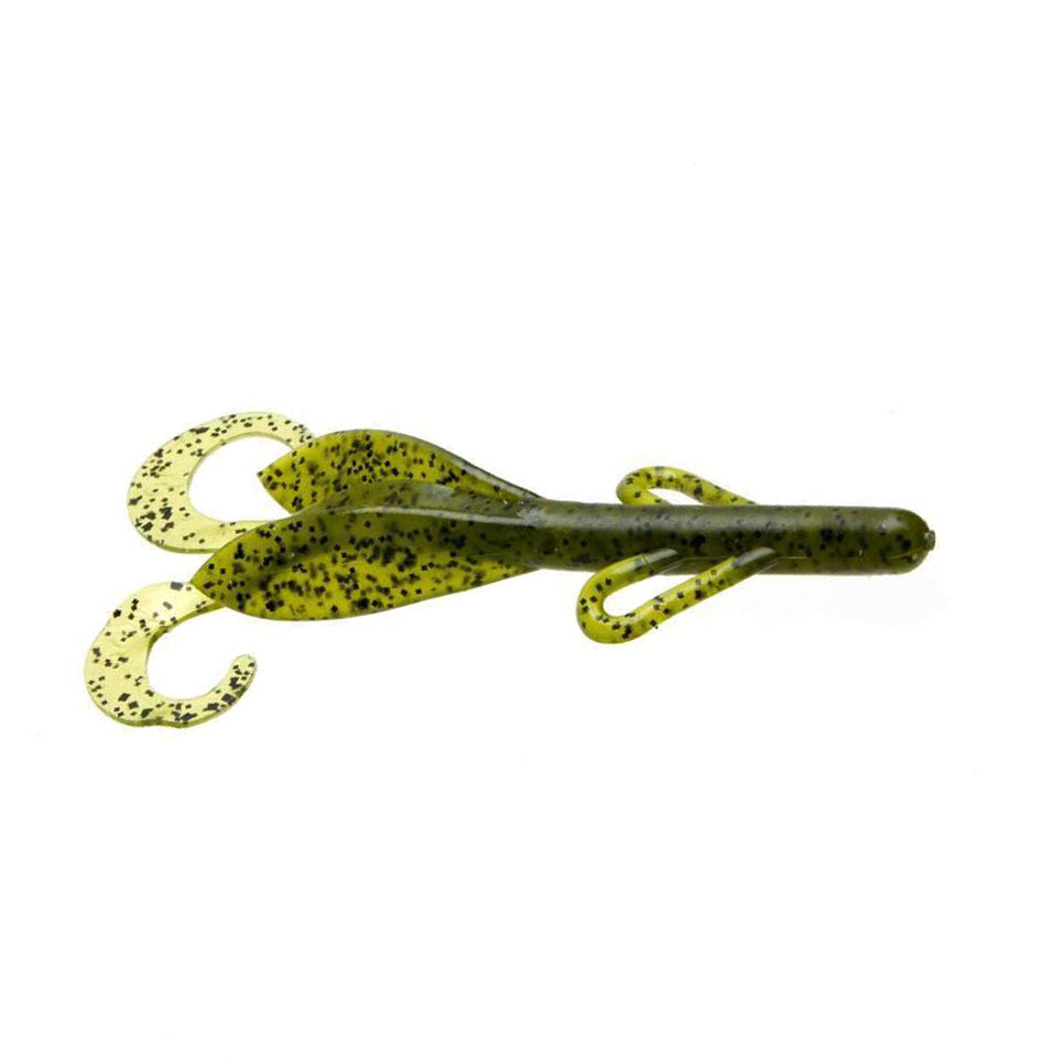 Zoom Brush Hog fishing lure in greenish-yellow color with black speckles, featuring multiple curled appendages designed to attract fish for effective fishing tackle use.