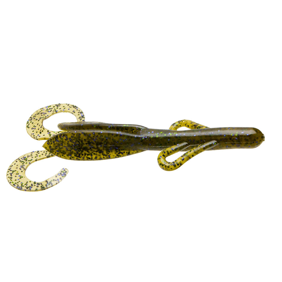 Zoom Brush Hog soft fishing lure in green and yellow with black speckles, featuring curled tail appendages designed for realistic movement in water.