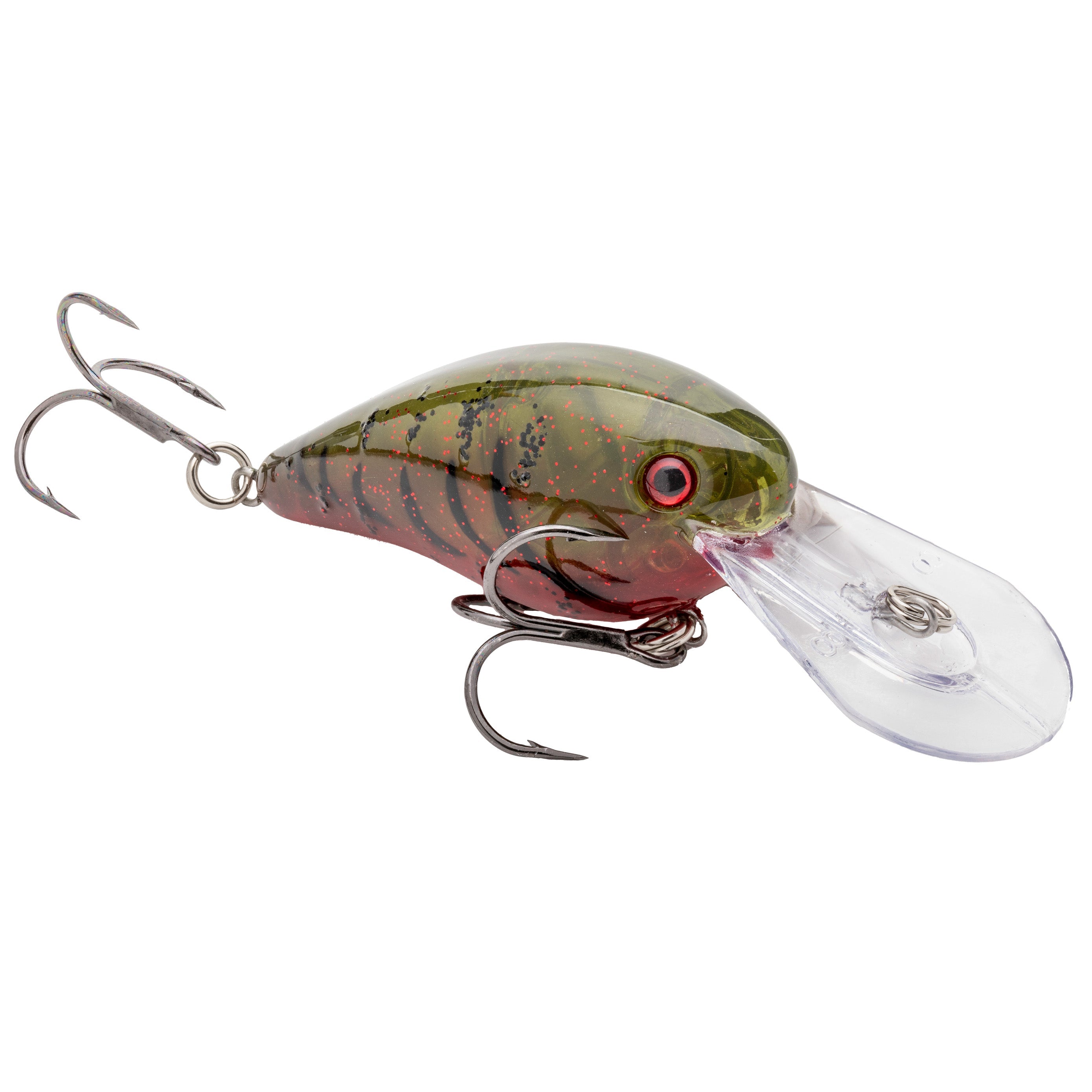 Strike King Gravel Dawg 10 Crankbait fishing lure featuring a green and red body with black stripes, realistic eyes, and two sharp treble hooks, designed for effective fishing tackle use.