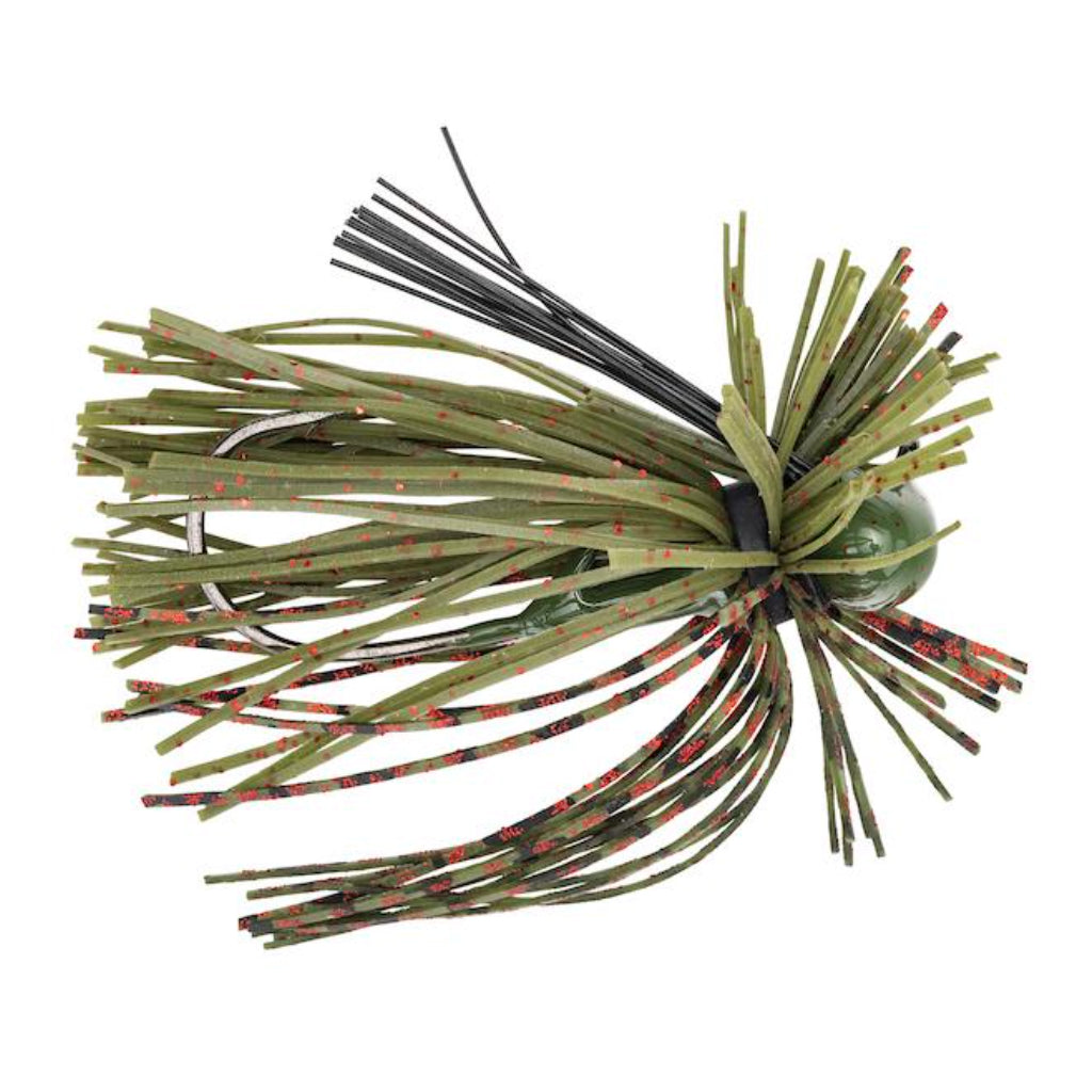 Strike King Tour Grade Finesse Football Jig in watermelon red color, featuring a skirted silicone design with red flecks and black weed guard, ideal for fishing tackle.