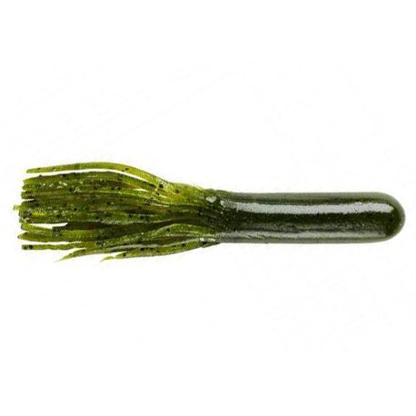 Yum 4" Tube fishing lure in green with black flecks, featuring a cylindrical body and multiple thin, flexible appendages designed for attracting fish.