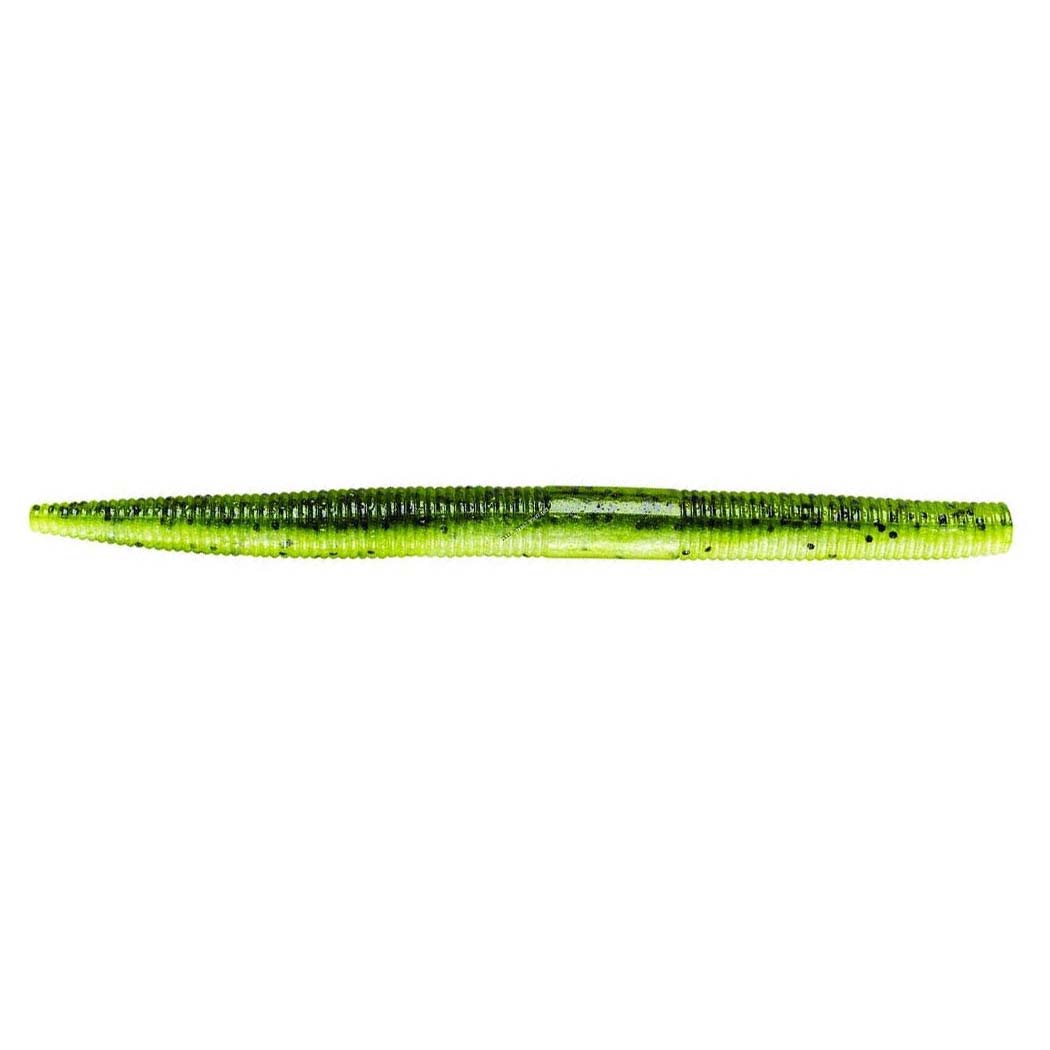 Yum Dinger Worm 5" fishing lure in translucent green with black speckles, designed for use as fishing tackle in freshwater angling.