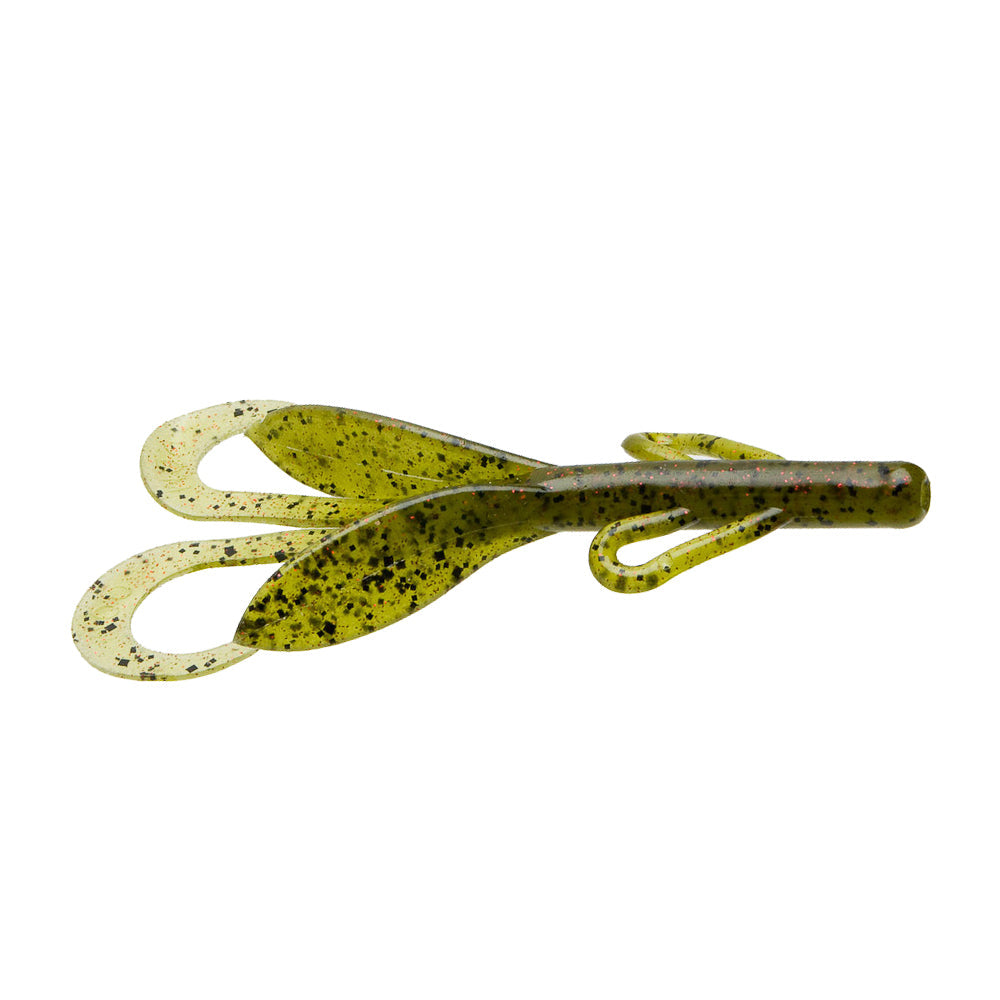 Zoom Brush Hog fishing lure in green with black speckles, featuring multiple soft plastic appendages designed to mimic natural prey for effective fishing tackle use.