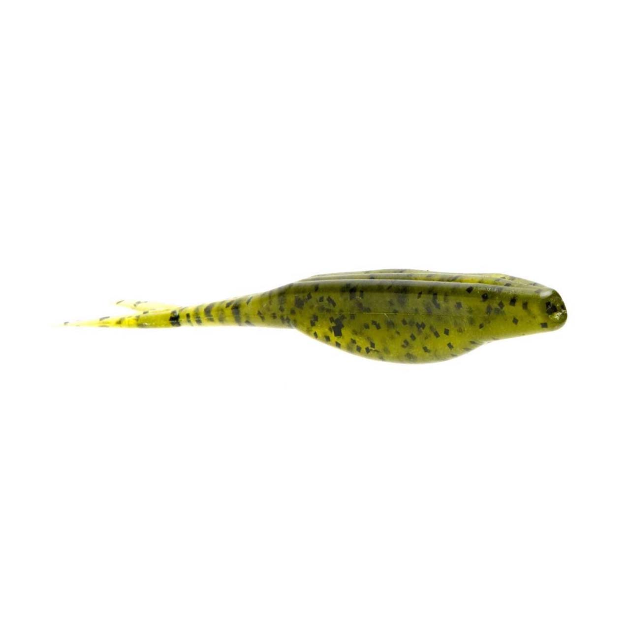 Zoom Bait Company Super Fluke Jr soft plastic fishing lure in green with black speckles, designed for realistic swimming action in fishing tackle.