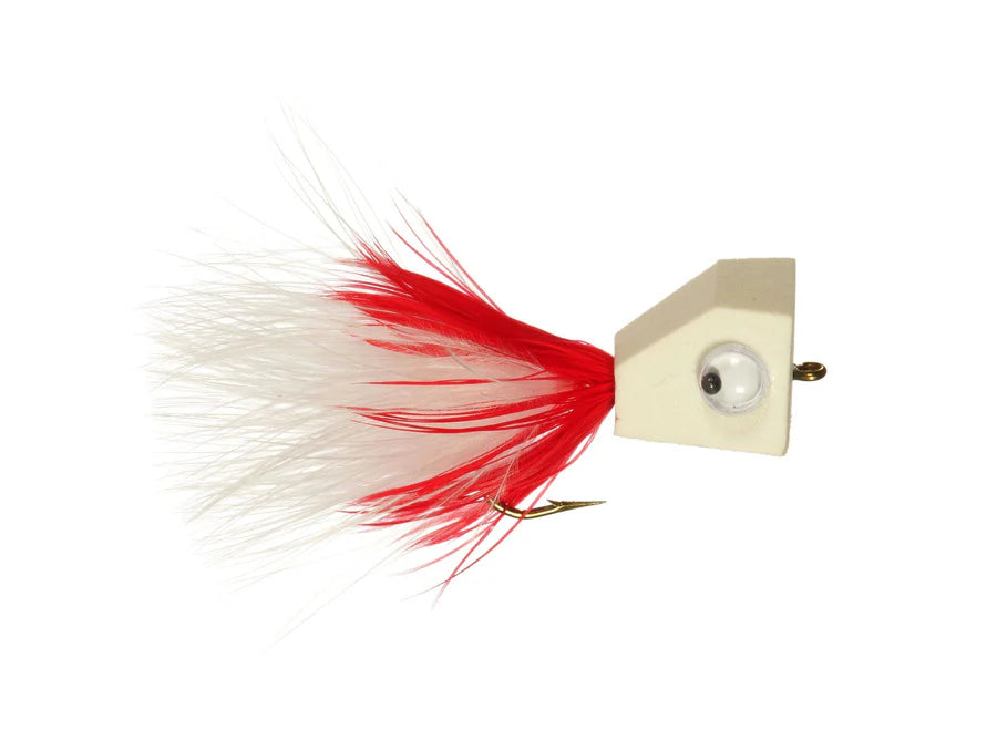 Holschlag's Blockhead Popper #2 fishing lure with a white block-shaped head, realistic eye, and red and white feathered tail designed for musky fishing tackle.