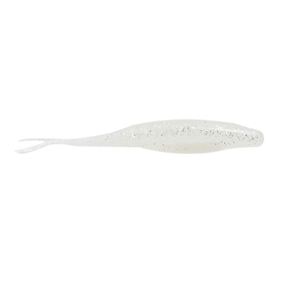 Zoom Bait Company Super Fluke Jr soft plastic fishing lure in white with black speckles, designed for effective movement in water to attract fish.