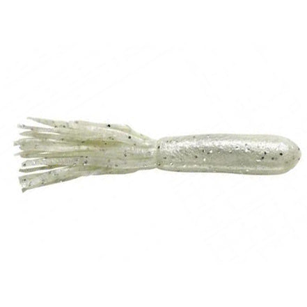 Yum 4" Tube in translucent white with silver flakes, featuring a soft tube body and skirted end designed for versatile fishing lure applications.