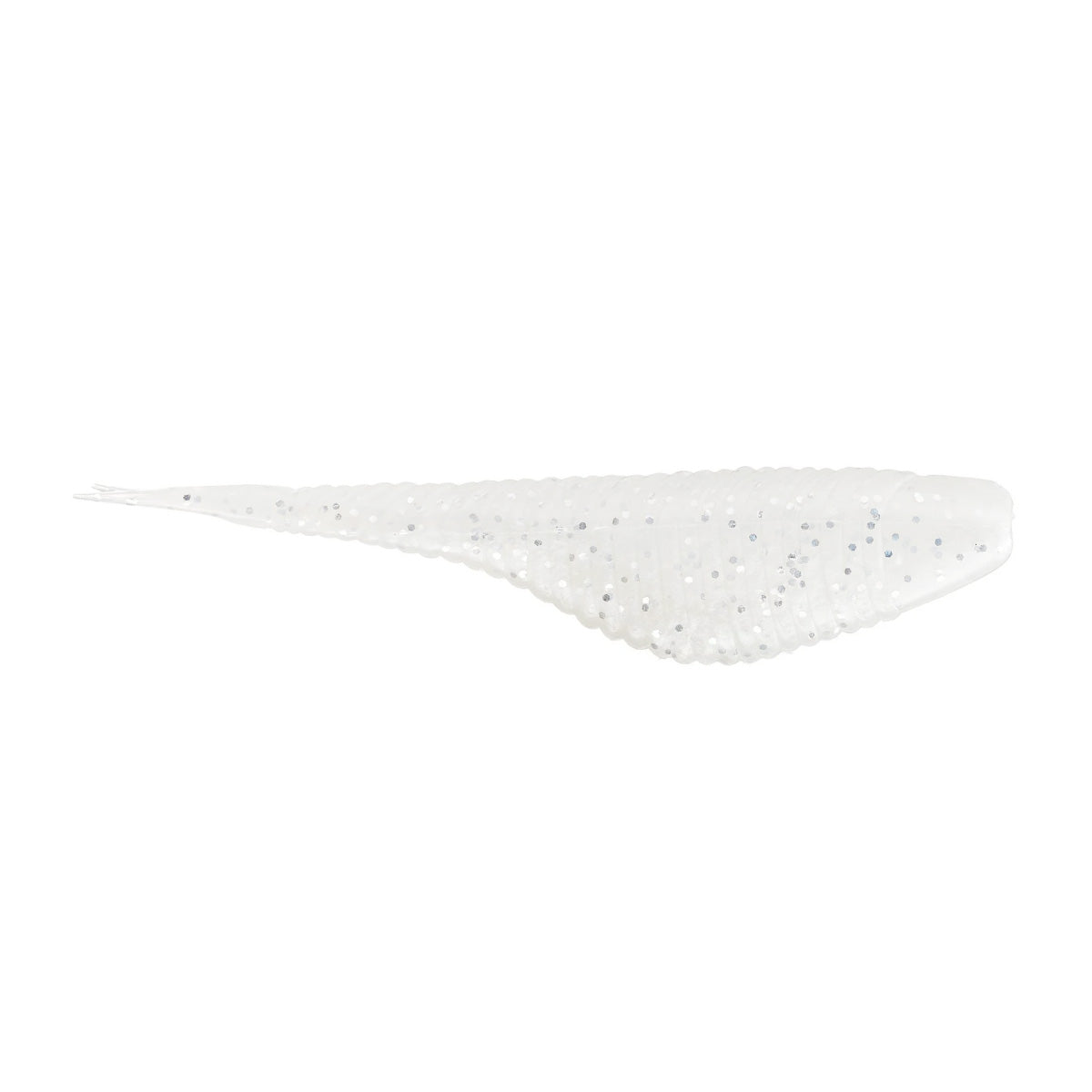 Damiki Fat Armor Shad soft fishing lure in white with silver flakes, designed for lifelike movement to attract musky and other freshwater fish.