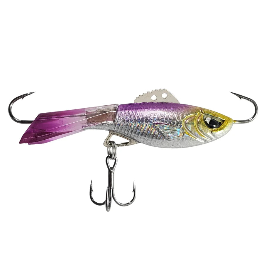 Acme Hyper Rattle fishing lure with a silver fish profile purple tail reflective scales and treble hook for freshwater fishing