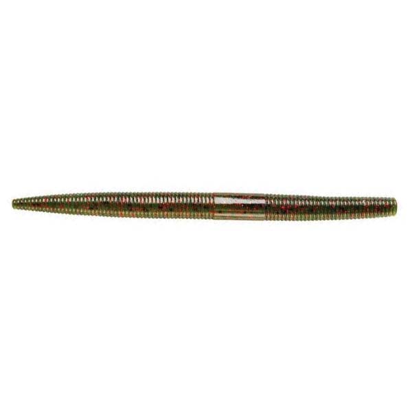 Yum Dinger Worm 5" fishing lure in a natural green and brown color, designed with ribbed texture for realistic action in freshwater fishing tackle.