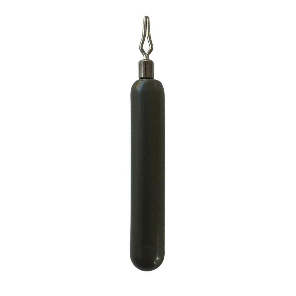 WOO! Tungsten Drop Shot Weight - Cylinder Shape, showing a sleek black cylindrical fishing weight with a metallic attachment loop designed for precise drop shot fishing techniques.