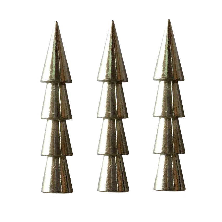 Three sets of small, conical metallic weights stacked vertically, designed for fishing tackle, specifically the WOO! Tungsten Nail Weight.