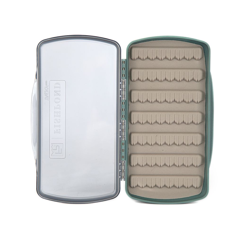 Fishpond Tacky Fly Boxes Silicone featuring a durable hinged design, clear lid for easy view, and soft silicone interior with multiple rows for securely holding fishing lures and flies.