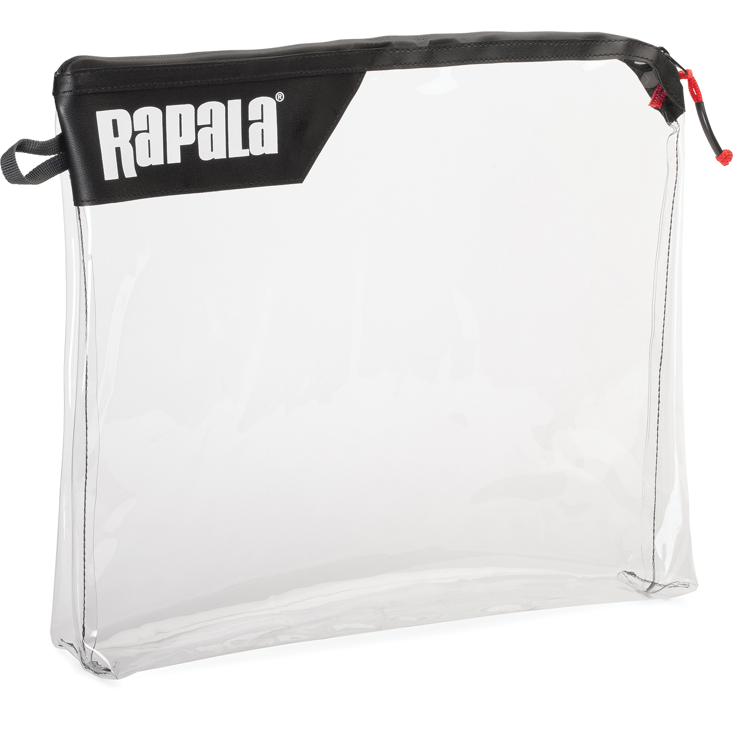 Clear rectangular Rapala Rapid Pouch made of transparent waterproof material with black trim and white Rapala logo, featuring a zipper closure with red pull tab for secure storage.