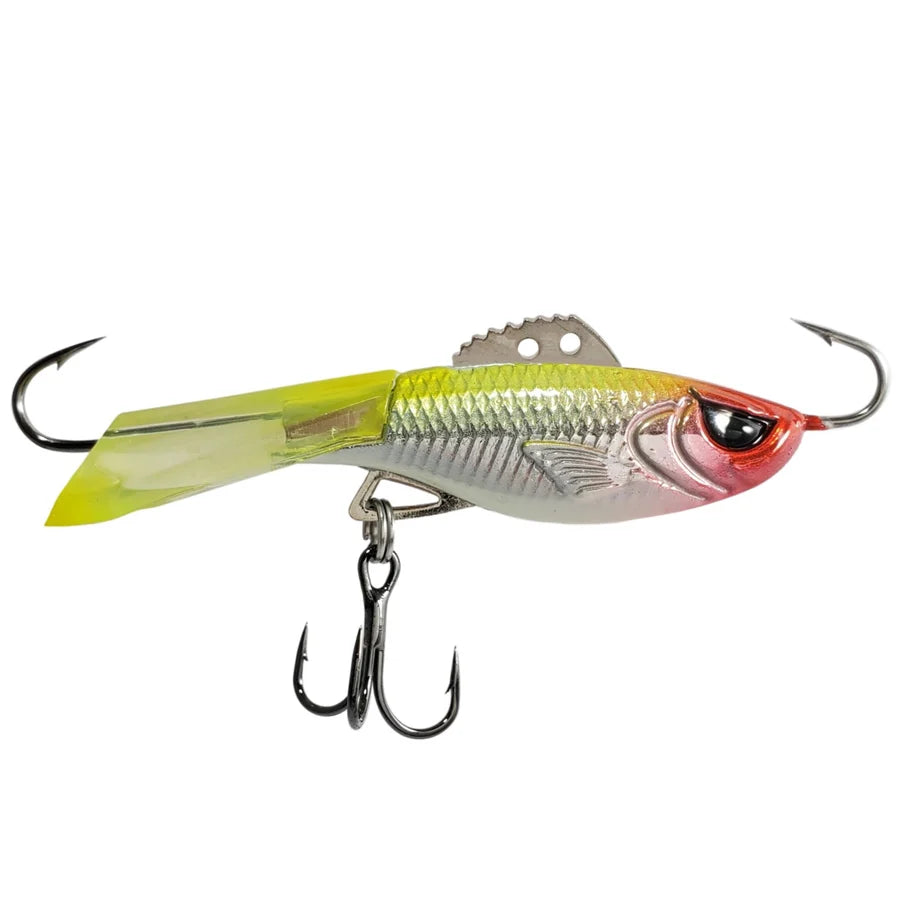 Acme Hyper Rattle fishing lure with a silver and chartreuse fish design red head treble hook and twin hooks for musky fishing