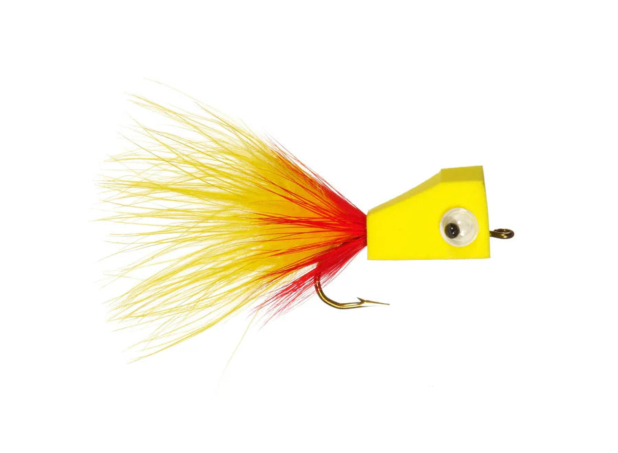 Holschlag's Blockhead Popper #2 fishing lure with bright yellow and red feathered tail, a yellow foam popper body, and a single hook for musky fishing tackle.