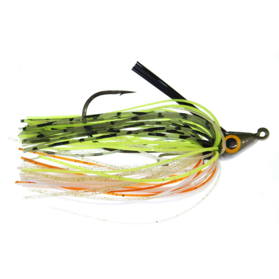 Lethal Weapon II Swim Jig fishing lure with a fish-shaped head, detailed eye, sharp hook, and multicolored skirt in green, orange, white, and black for effective fishing tackle.