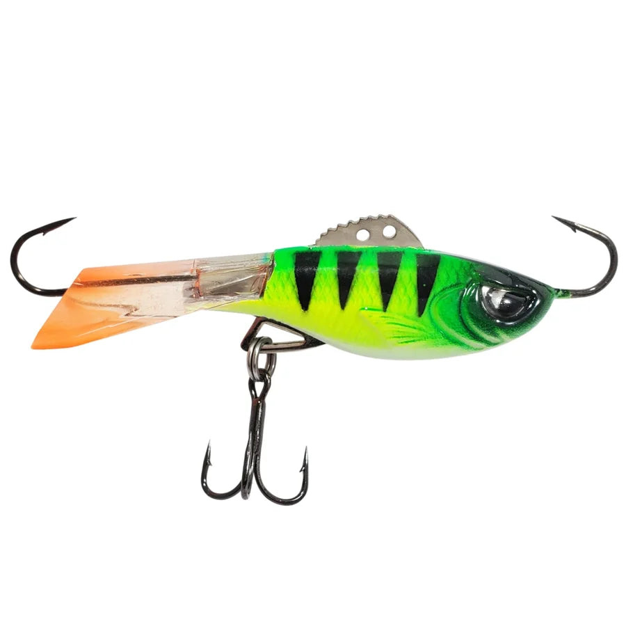 Acme Hyper Rattle green and orange fishing lure with reflective eye treble hook and metal blade for freshwater fishing tackle