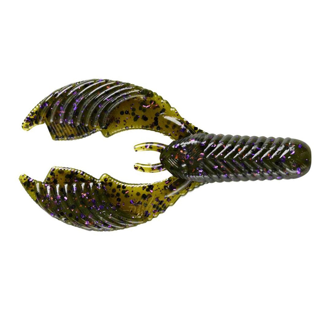 Yum Craw Chunk soft plastic fishing lure designed to imitate a crawfish, featuring green pumpkin color with purple and black speckles for realistic fishing tackle use.