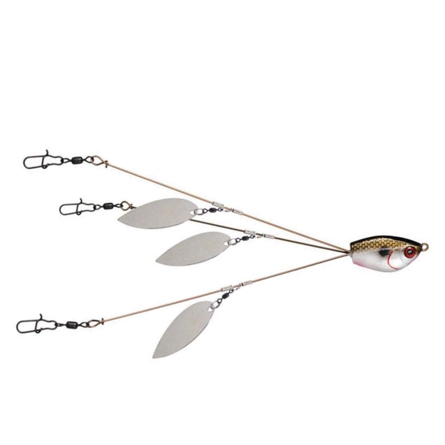 Yum Yumbrella Flash Mob Jr. Umbrella Rig fishing lure with three silver blades attached to wire arms extending from a lifelike fish-shaped head, designed for musky fishing tackle.