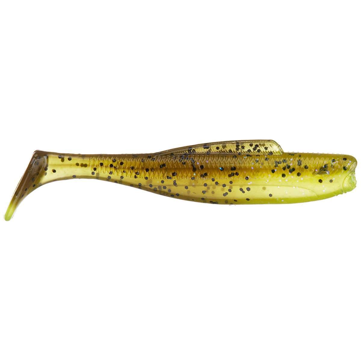 Z-Man DieZel MinnowZ soft fishing lure in translucent yellow with dark speckles, designed to mimic a small baitfish for effective freshwater fishing.