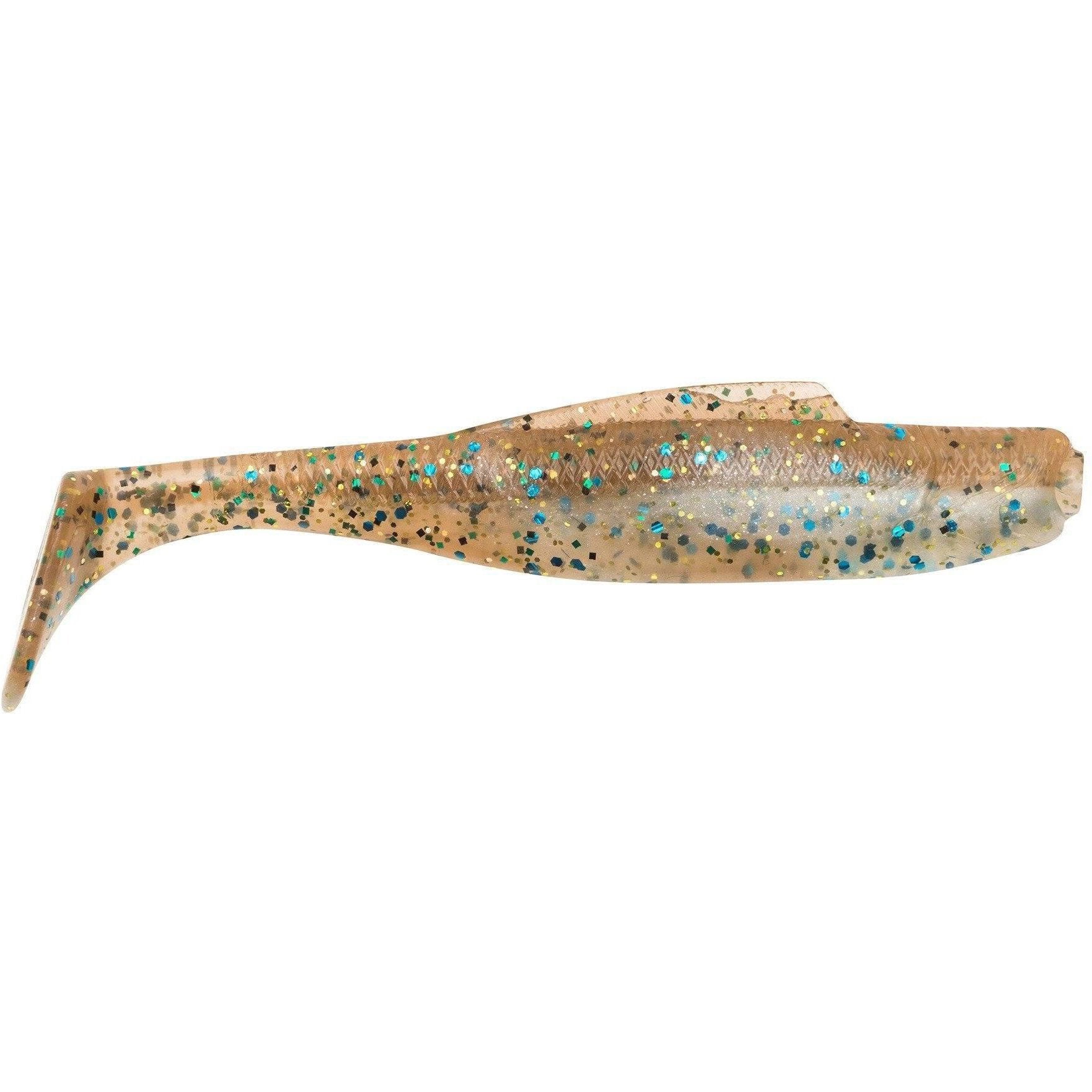 Soft plastic fishing lure in natural pinfish coloration with blue and green glitter flecks, designed as Z-Man DieZel MinnowZ for fishing tackle use.