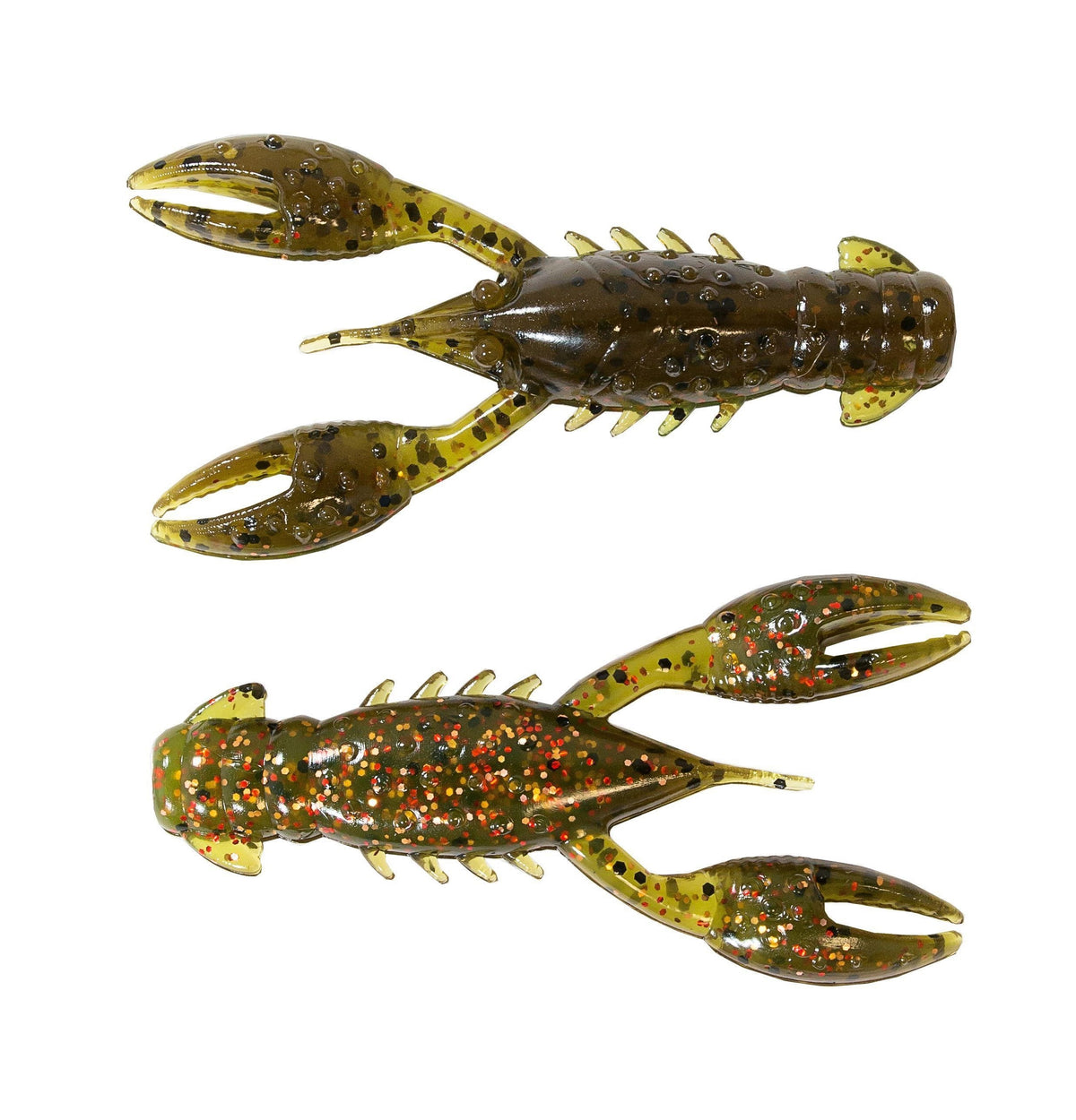 Z-Man TRD CrawZ soft plastic fishing lures shaped like small crawfish, featuring green and brown bodies with speckled glitter accents for realistic appeal.