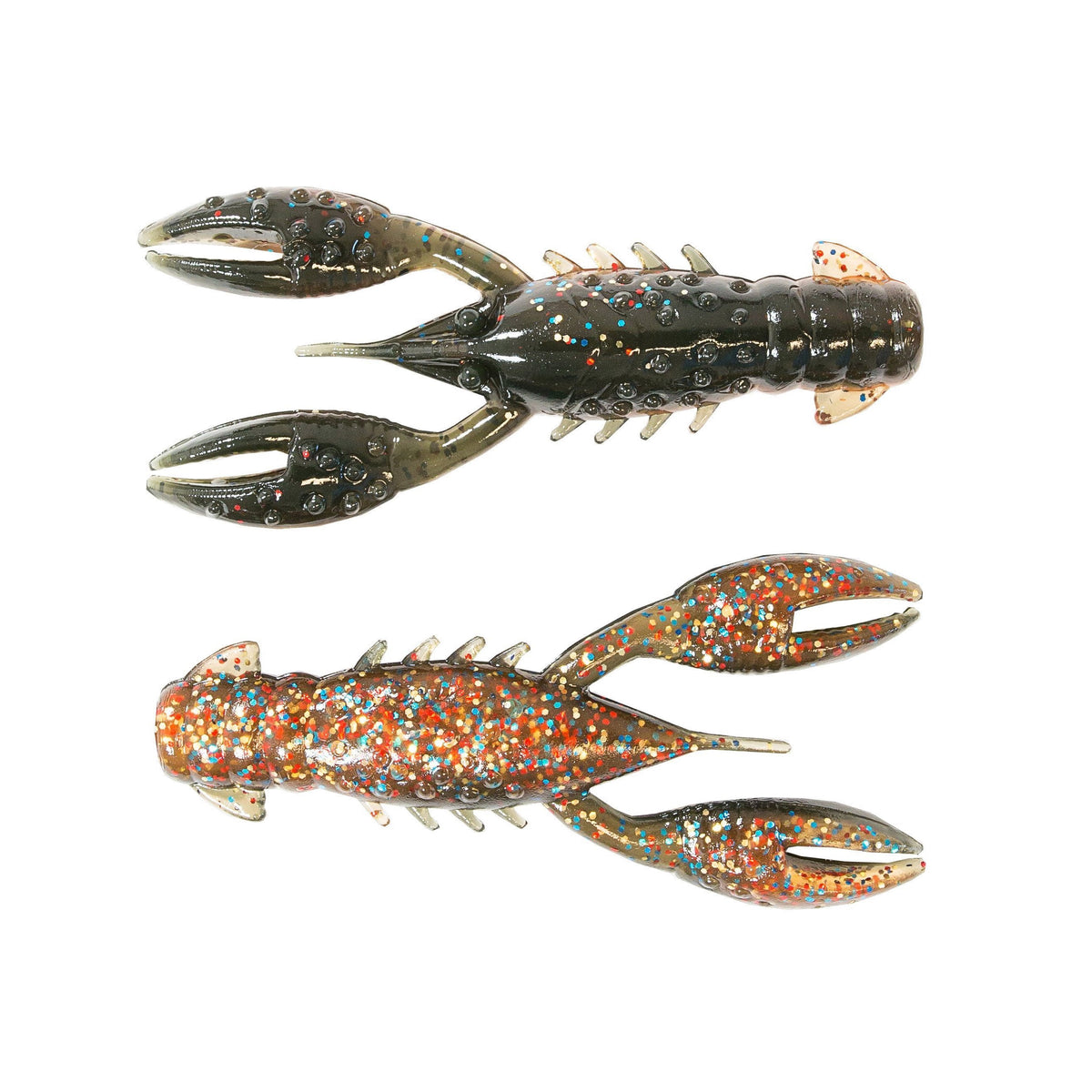 Two Z-Man TRD CrawZ soft plastic fishing lures resembling small crawfish, one dark with blue and orange flecks, the other translucent orange with multicolored glitter, designed for finesse fishing tackle.