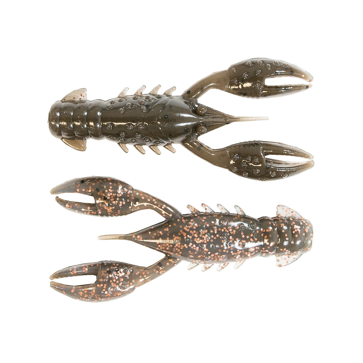 Two Z-Man TRD CrawZ fishing soft baits in dark and speckled brown colors, designed to mimic crawfish with detailed claws and segmented bodies for fishing tackle use.