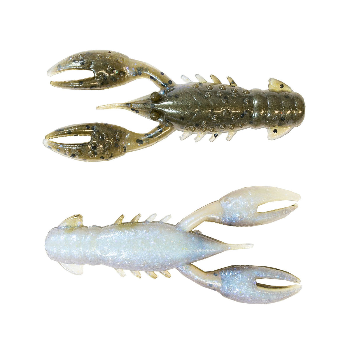 Two Z-Man TRD CrawZ soft fishing lures in gray and pearly white colors, designed to imitate crawfish with detailed claws and segmented bodies for effective fishing tackle use.