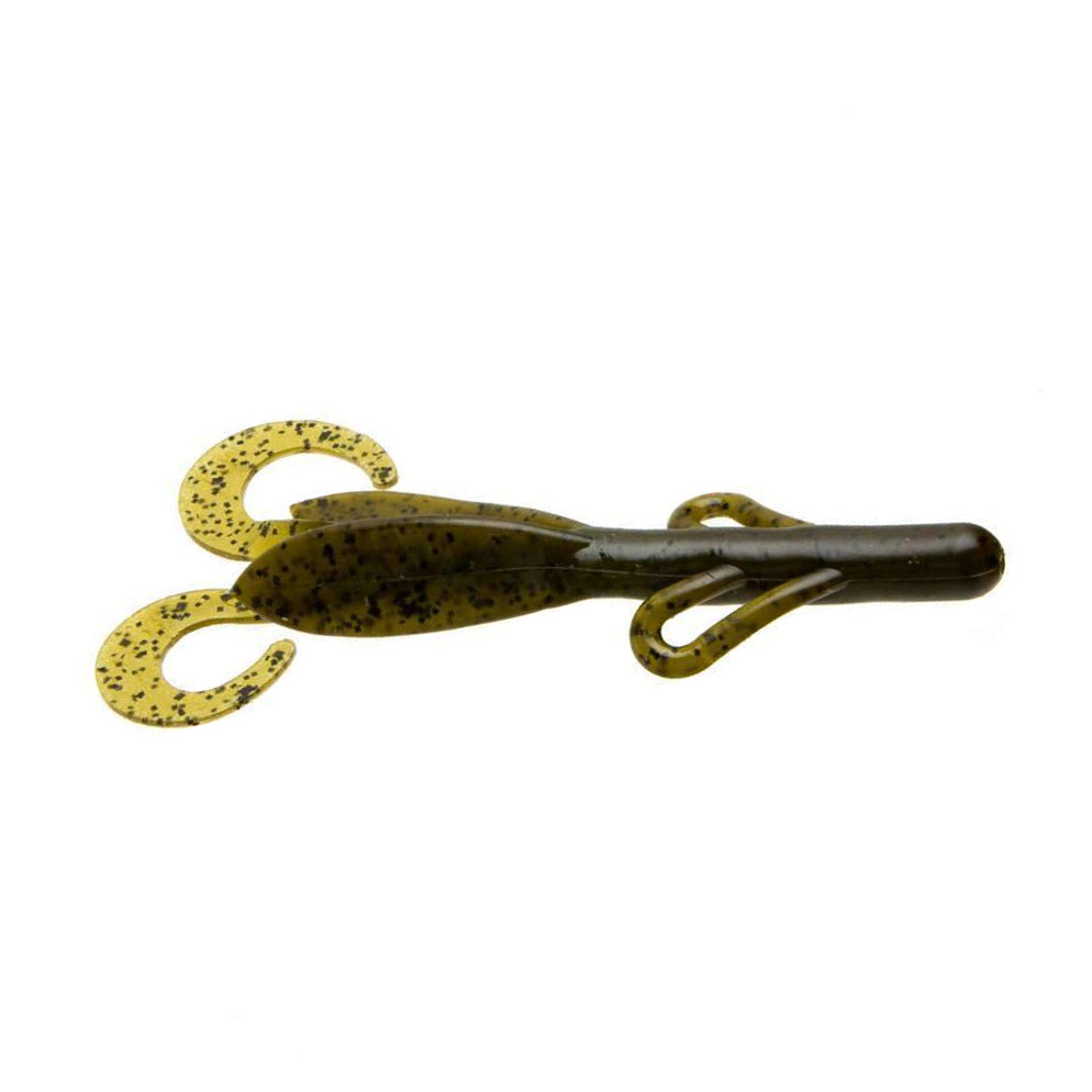 Zoom Brush Hog soft plastic fishing lure in green pumpkin color with dual curly tails and segmented body designed for effective musky fishing tackle.