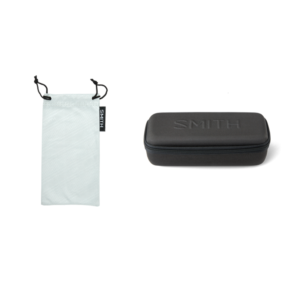 Smith Optics - Riptide protective black zippered hard case with embossed logo next to a white soft drawstring pouch with black tag, designed for fishing gear storage.